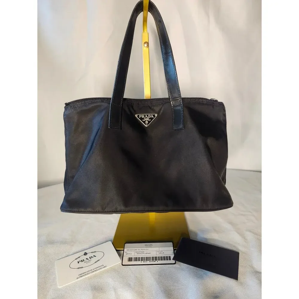 Prada Black Nylon Tote Bag Leather Handles Made in Italy Authenticity Card - Picture 12 of 15